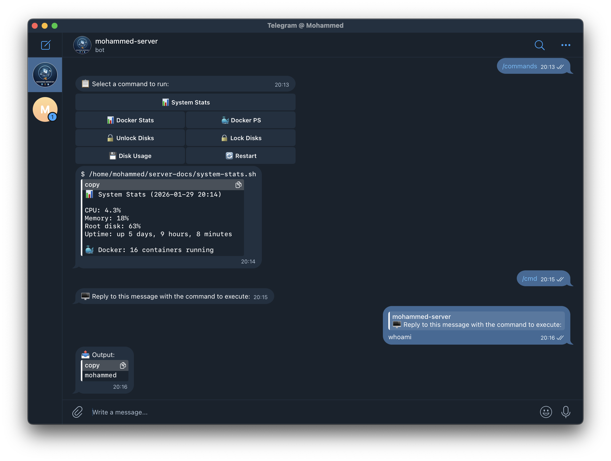 n8n workflow for managing server from Telegram